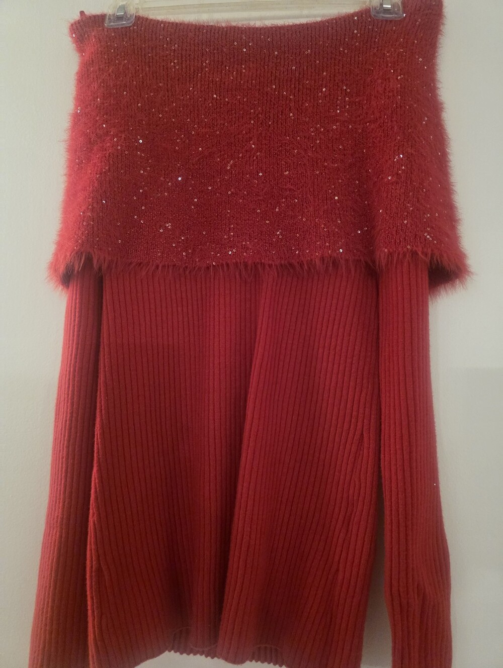 INC International Concepts Red Off-the-Shoulder Fuzzy Layered Sweater